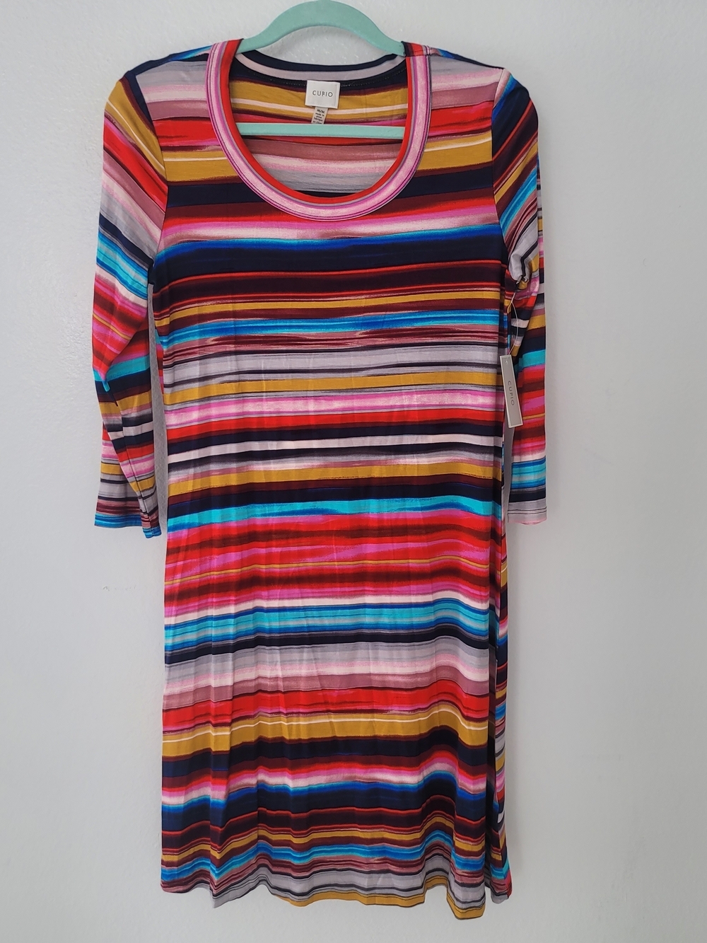 Cupio Multicolor Horizontal Stripe Scoop Neck Dress Yellow, Red, Pink, Navy SzM